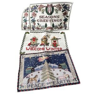 Christmas Embroidered Placemats Set of 4 Holiday Tapestry Table Decor